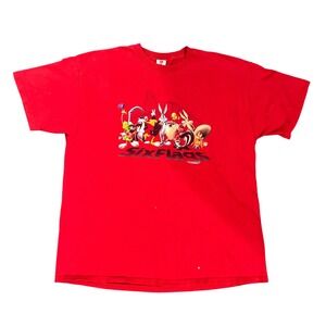 Vintage 90s Six Flags Looney Tunes Graphic T-Shirt Red Mens XL Bugs Bunny Taz